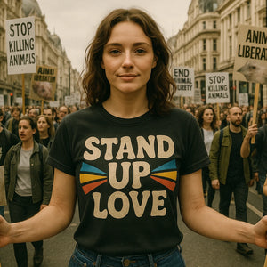 Lifestyle shot of the "Stand Up Love" black activism tees in a real-world setting