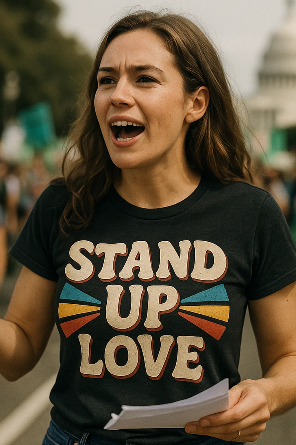 A person with long brown hair is speaking passionately while holding papers. They are wearing a black t-shirt with the text "STAND UP LOVE" in bold letters, accompanied by colorful designs. The background shows a blurred crowd and a building resembling a government structure.
