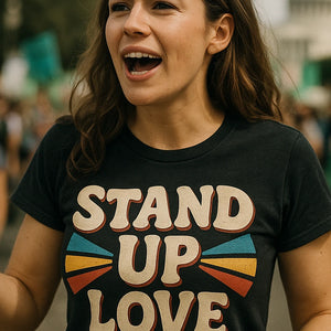 "Stand Up Love" black activism tees, photographed as activism lover gift