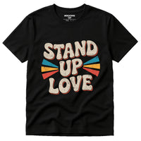 A black t-shirt with a retro-style design featuring the words 