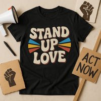 A black shirt lies flat on a beige surface surrounded by items related to activism. The shirt has a bold, retro-style design in white with the words 