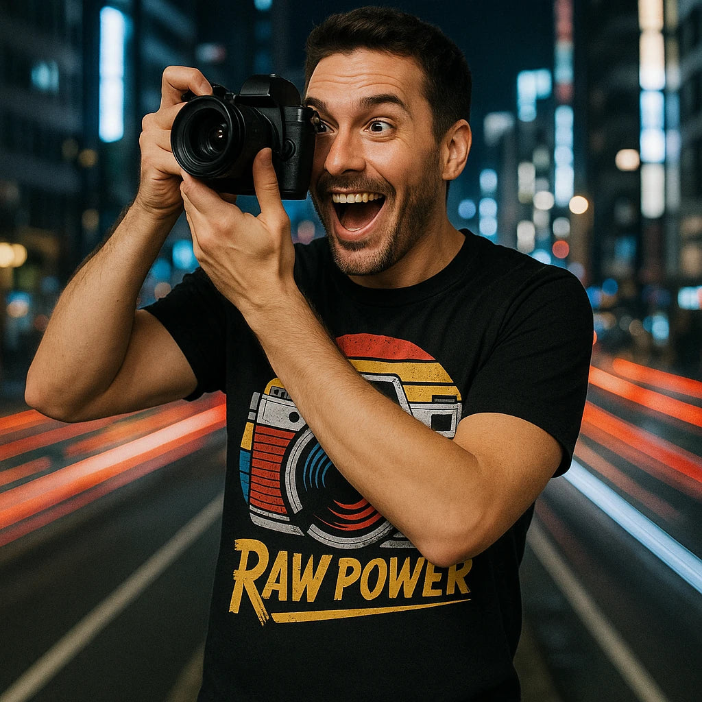 A person with a beard is enthusiastically taking a photo with a camera. They are wearing a black t-shirt featuring a colorful illustration of a camera and the text "RAW POWER." The background shows a cityscape with blurred lights and streets, suggesting motion and urban activity.