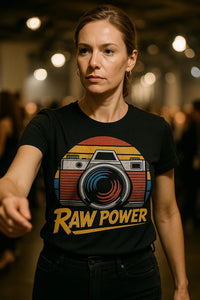 A person with short hair wearing a black t-shirt featuring a large retro-style camera graphic and the text 