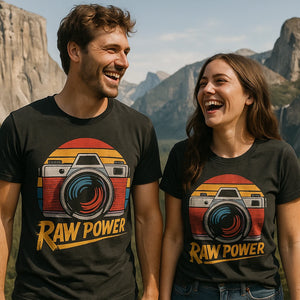 Person wearing the black photographers shirts graphic tee - "Raw Power" design