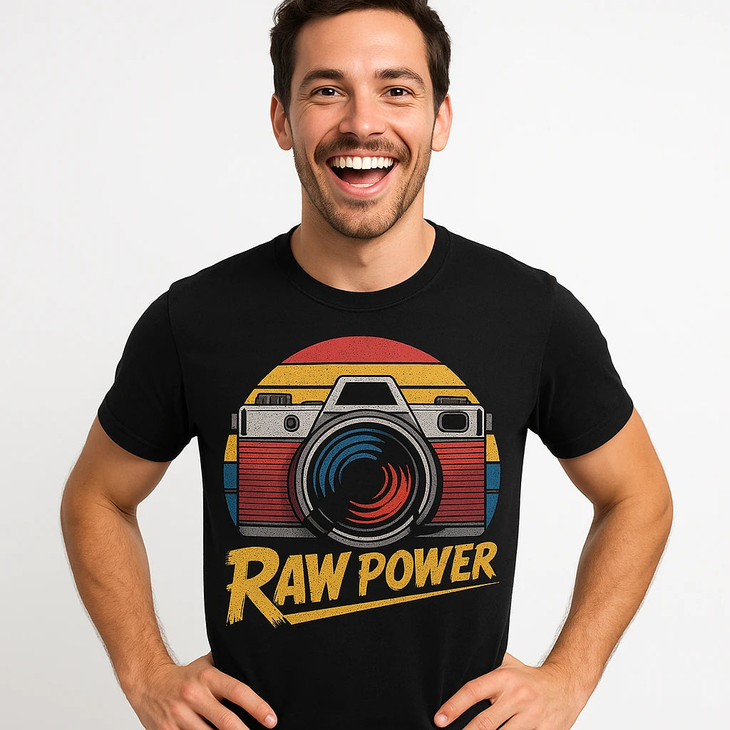 A person with short dark hair and a beard is smiling widely, wearing a black t-shirt featuring a retro-style graphic of a camera with a colorful background and the text "RAW POWER."