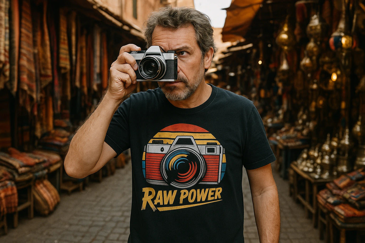 A person with short hair and a beard is holding a camera up to their eye in a bustling market setting with rugs and brassware. They are wearing a black t-shirt featuring an illustration of a camera and the text "RAW POWER."