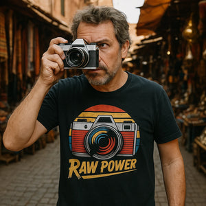 Lifestyle shot of the "Raw Power" black photographers shirts in a real-world setting