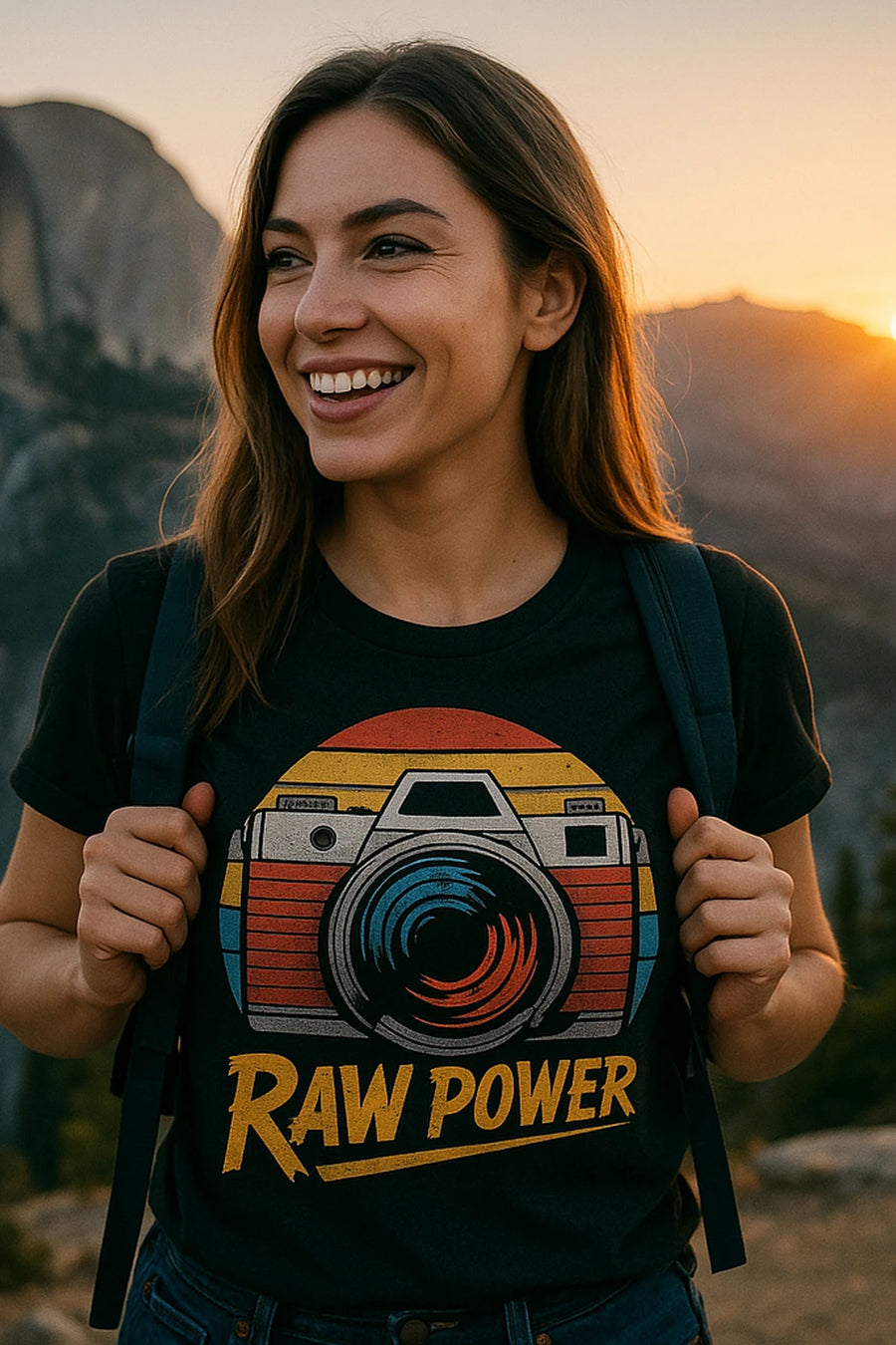 A person with long brown hair is smiling and wearing a black t-shirt with a colorful graphic of a camera and the words "RAW POWER" on it. They have a backpack on, and the background shows a natural landscape at sunset.