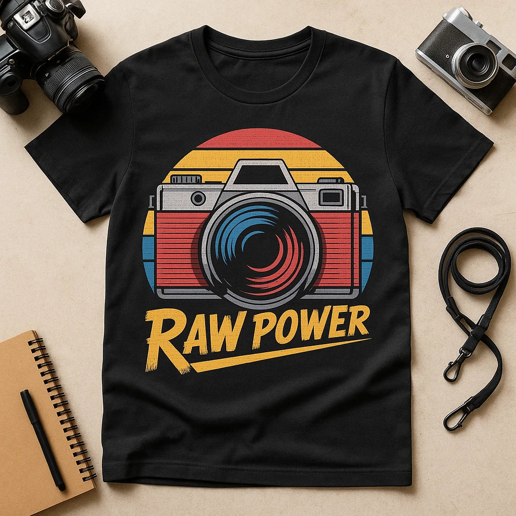 A black t-shirt featuring a graphic of a vintage camera with a retro color scheme of red, yellow, and blue. Surrounding items include two cameras, a camera strap, and a notebook with a pen.