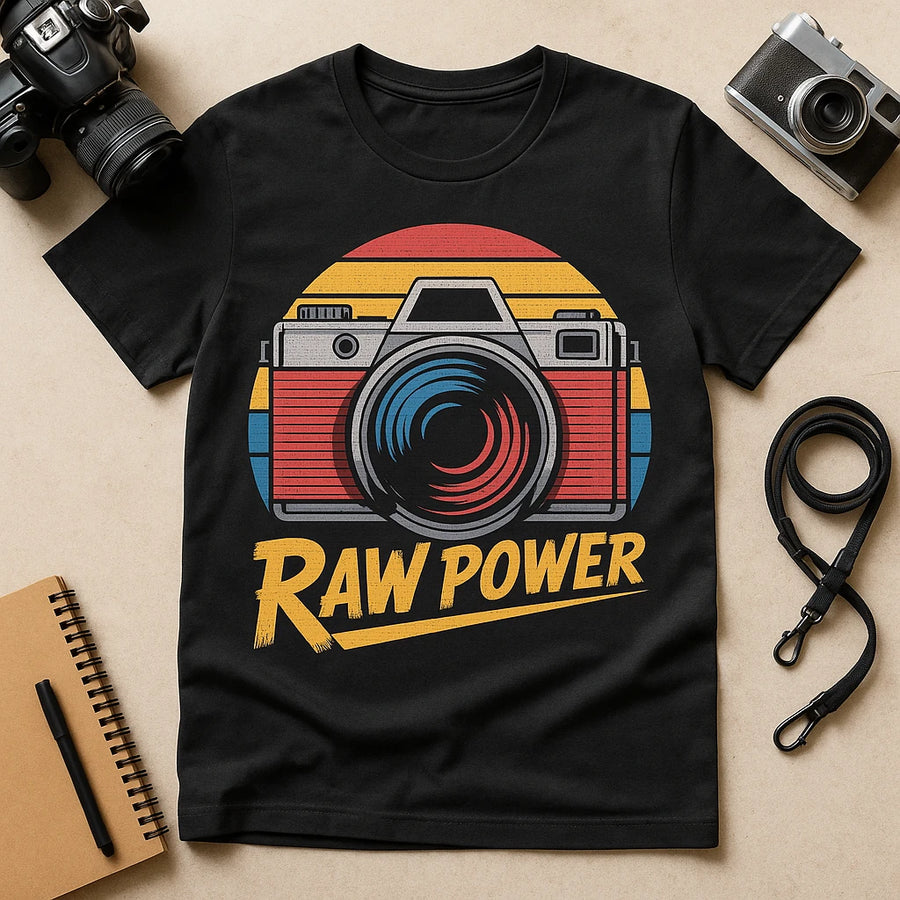 A black t-shirt featuring a graphic of a vintage camera with a retro color scheme of red, yellow, and blue. Surrounding items include two cameras, a camera strap, and a notebook with a pen.
