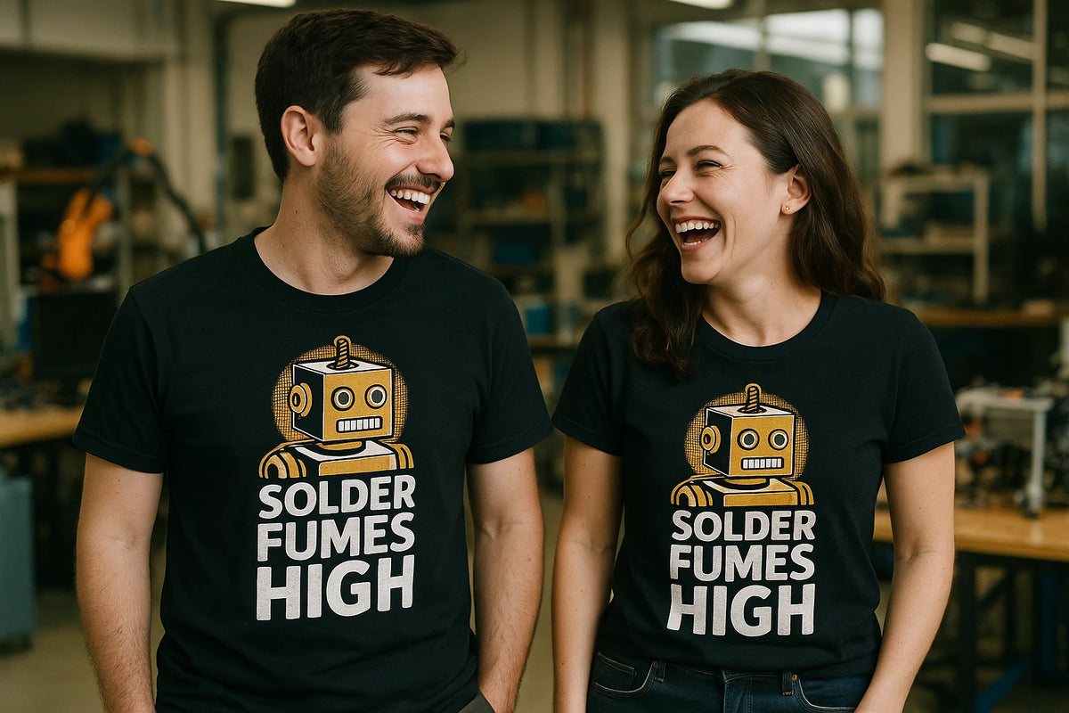 Person wearing the black robotic t shirt graphic tee - "Solder Fumes High" design