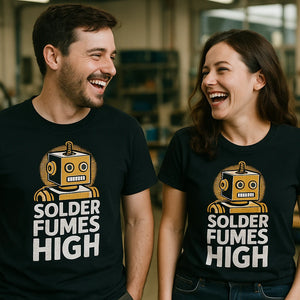 Person wearing the black robotic t shirt graphic tee - "Solder Fumes High" design