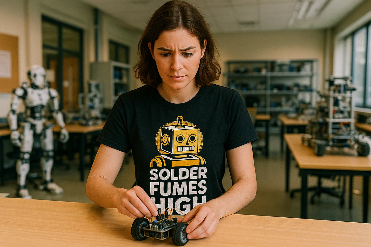 Lifestyle shot of the "Solder Fumes High" black robotic t shirt in a real-world setting