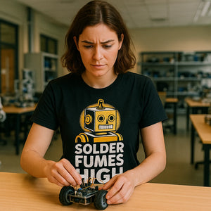 Lifestyle shot of the "Solder Fumes High" black robotic t shirt in a real-world setting