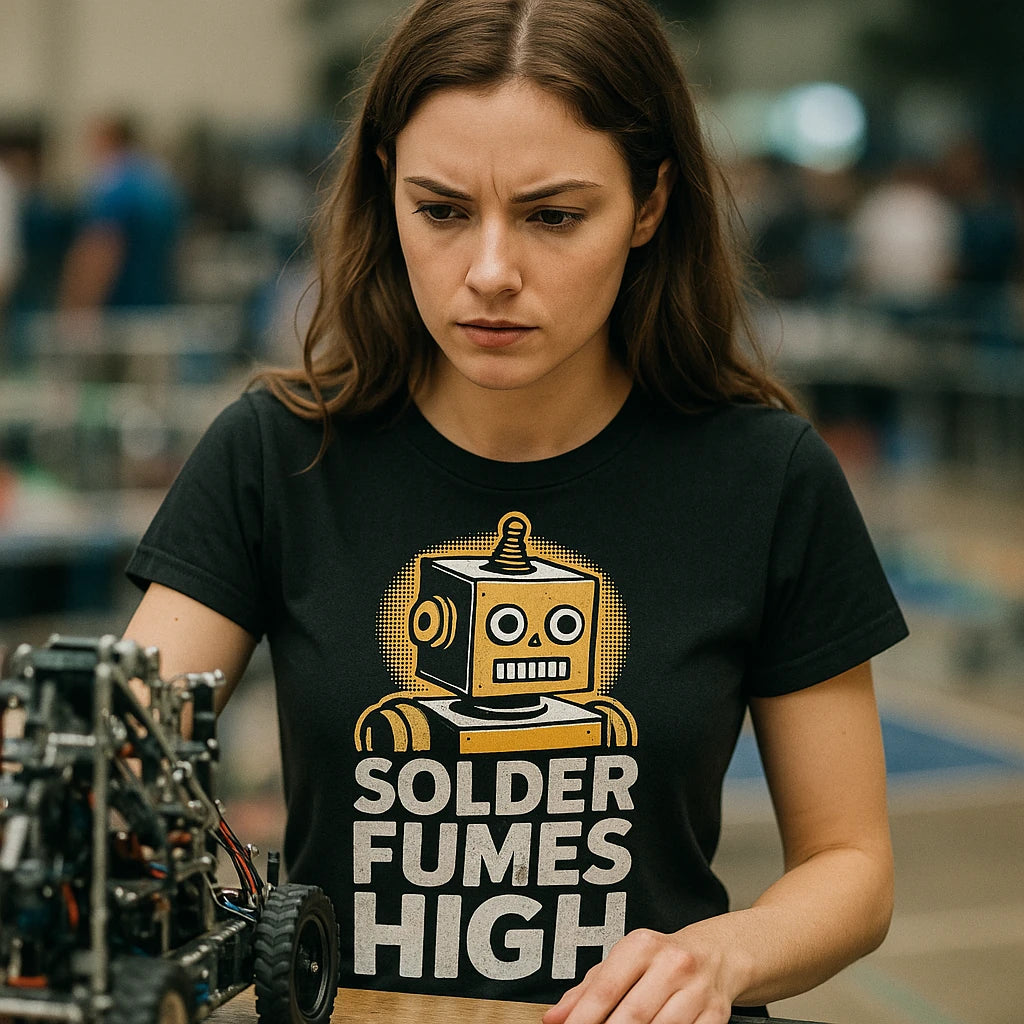 "Solder Fumes High" black robotic t shirt, photographed as robotic lover gift