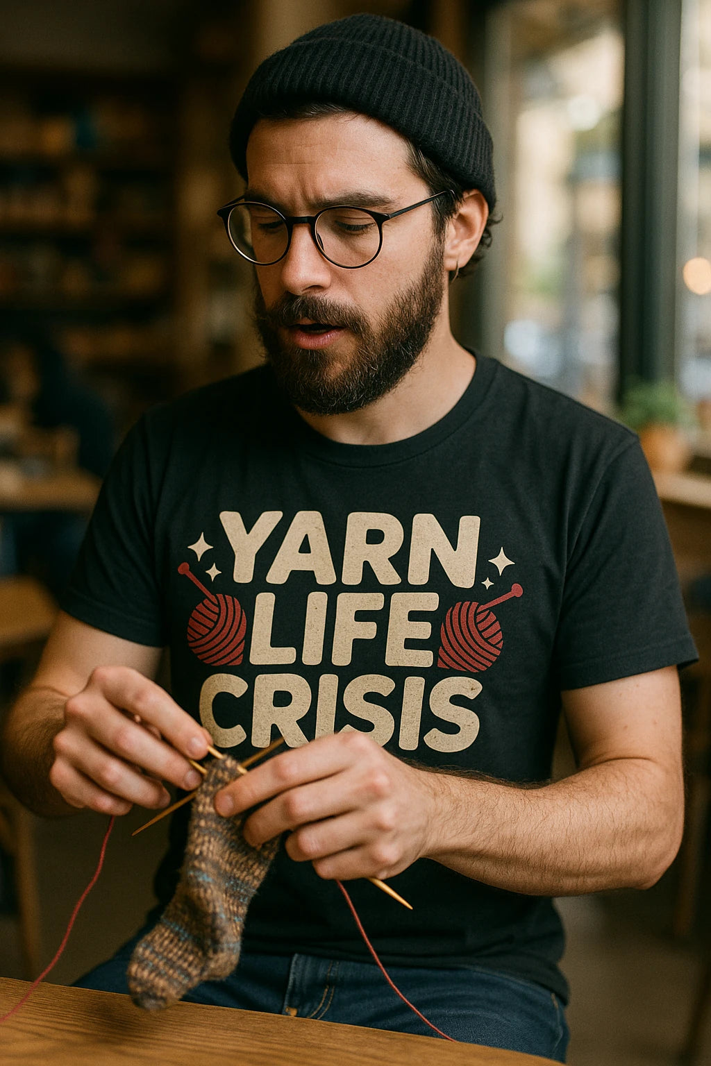 "Yarn Life Crisis" black knitted henley t shirt, photographed as gifts for knitting lovers