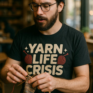 "Yarn Life Crisis" black knitted henley t shirt, photographed as gifts for knitting lovers