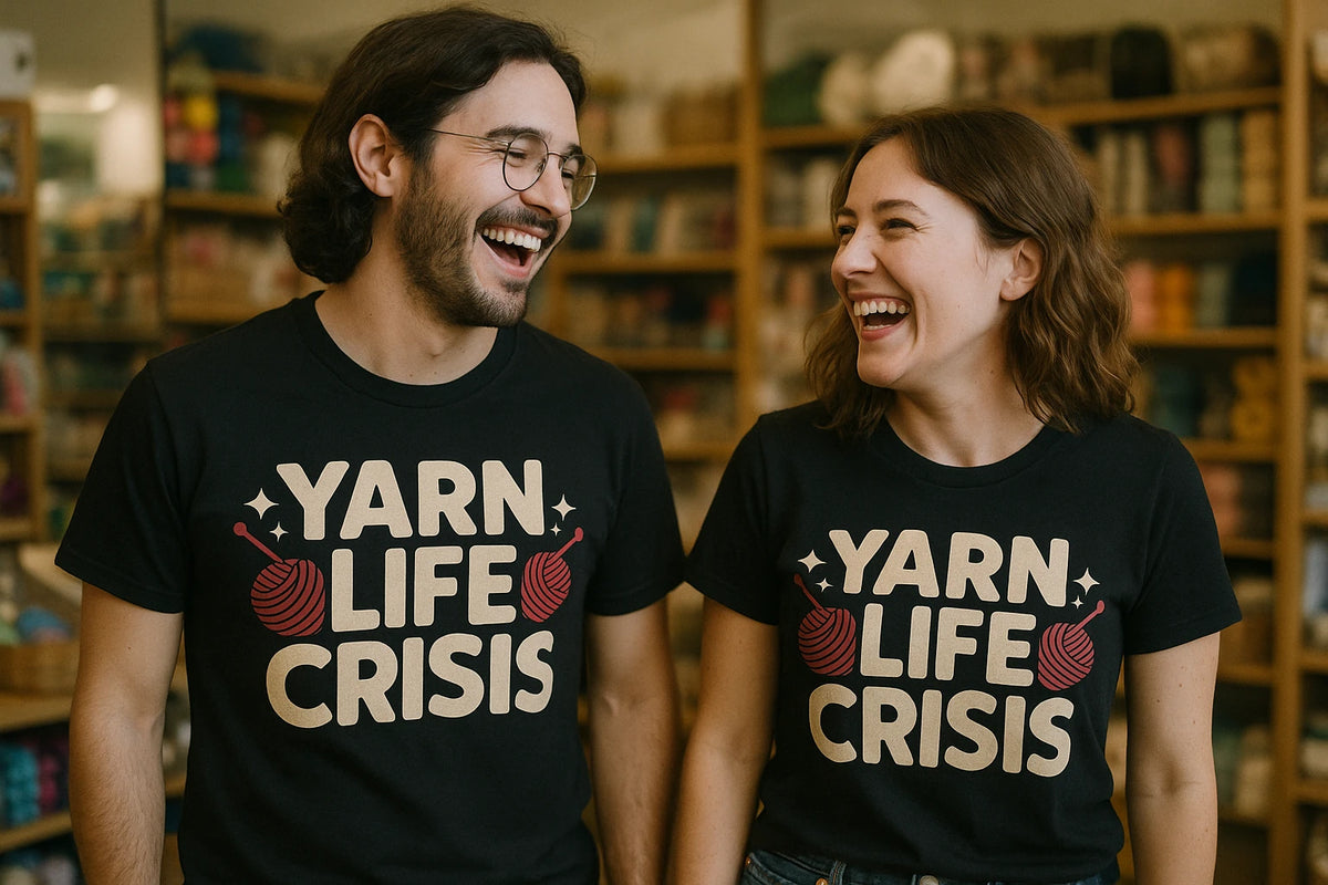 Person wearing the black knitted henley t shirt graphic tee - "Yarn Life Crisis" design