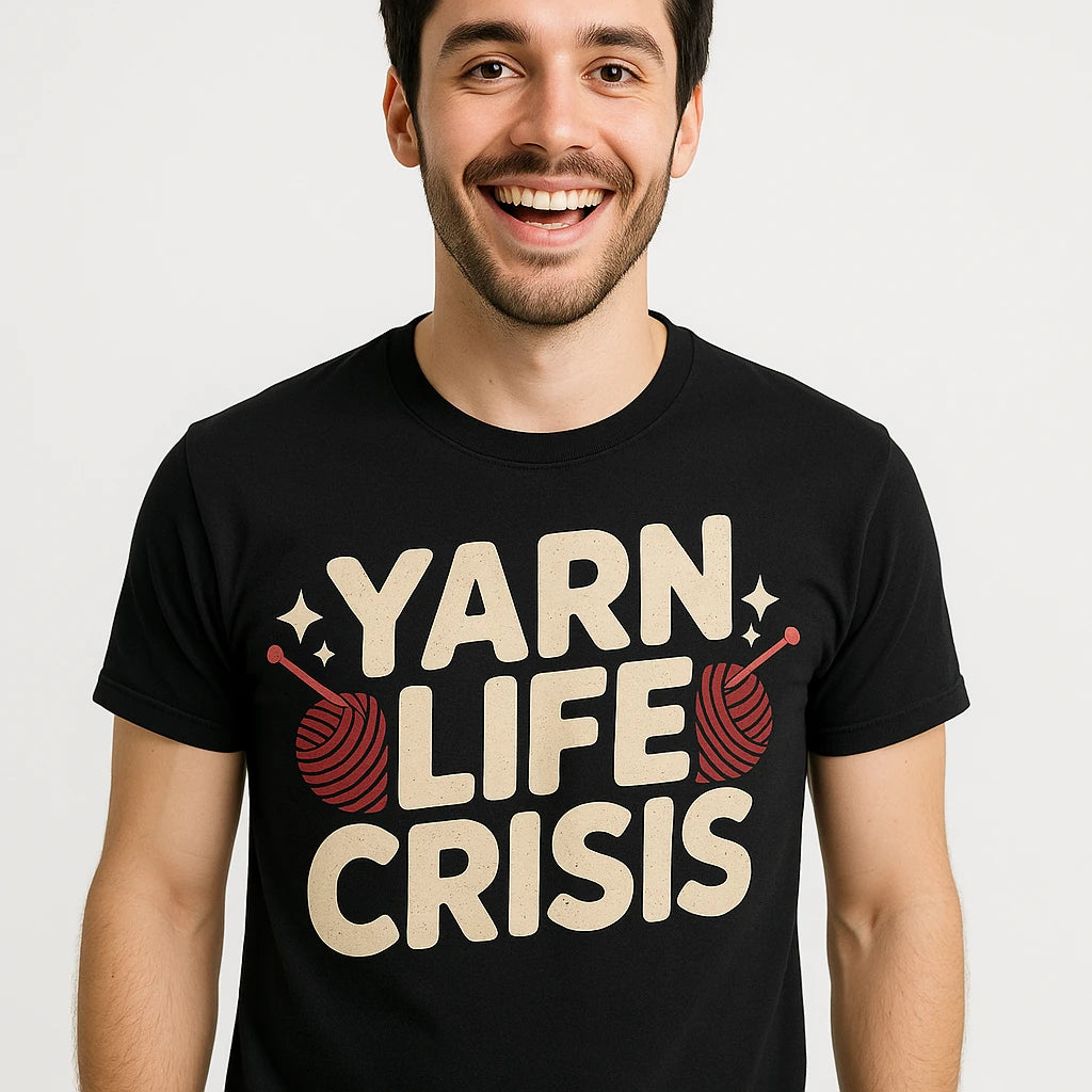 Close-up of the "Yarn Life Crisis" beige print on a premium Bella+Canvas black knitted henley t shirt
