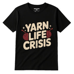 Black Knitted Henley T Shirt - "Yarn Life Crisis" graphic tee with beige print, flat lay product photo