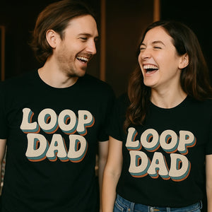 Person wearing the black producer t shirt graphic tee - "Loop Dad" design