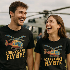 Person wearing the black helicopter t shirt graphic tee - "Sorry Cant Fly Bye" design