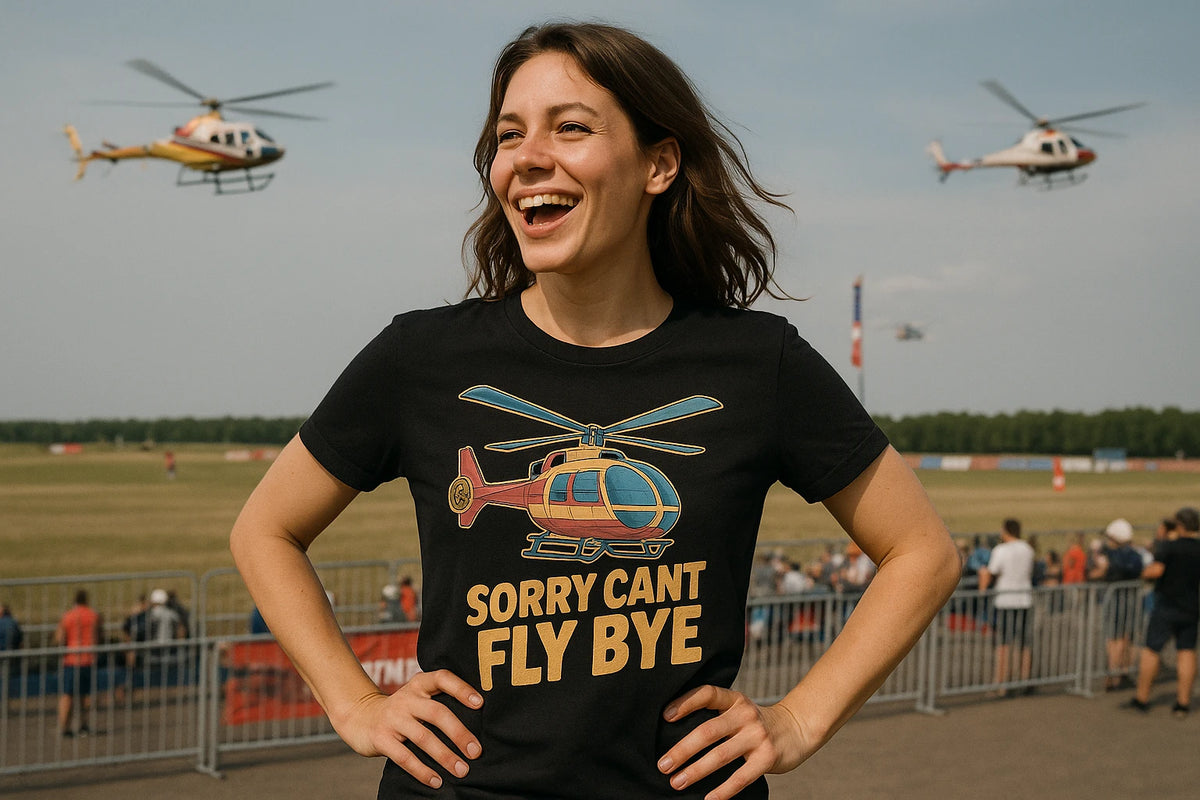Lifestyle shot of the "Sorry Cant Fly Bye" black helicopter t shirt in a real-world setting