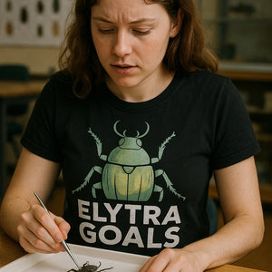 "Elytra Goals" black beetle t shirt, photographed as gifts for beetle lovers