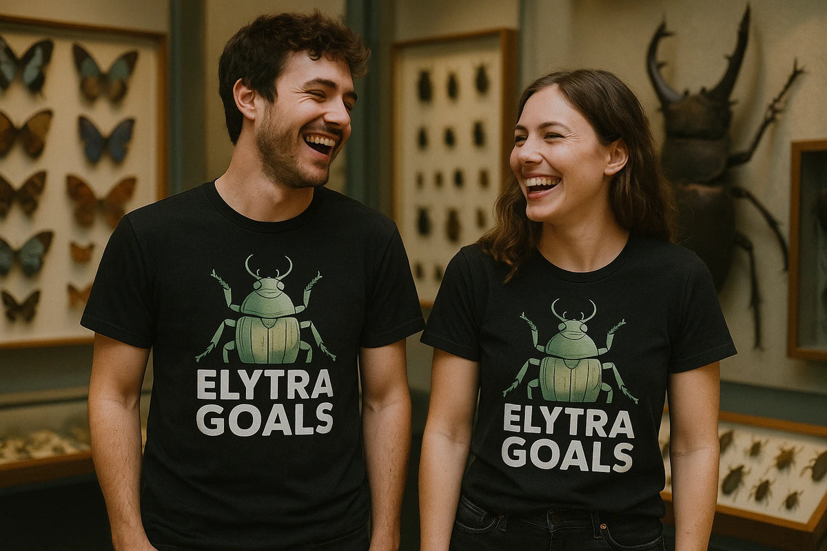 Person wearing the black beetle t shirt graphic tee - "Elytra Goals" design