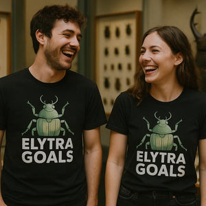 Person wearing the black beetle t shirt graphic tee - "Elytra Goals" design