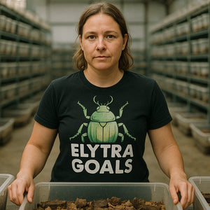 Lifestyle shot of the "Elytra Goals" black beetle t shirt in a real-world setting
