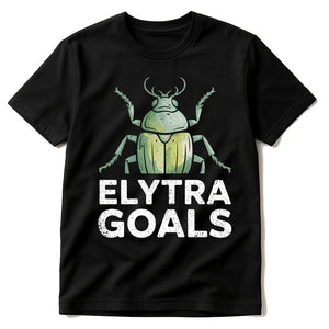 Black Beetle T Shirt - "Elytra Goals" graphic tee with gray print, flat lay product photo
