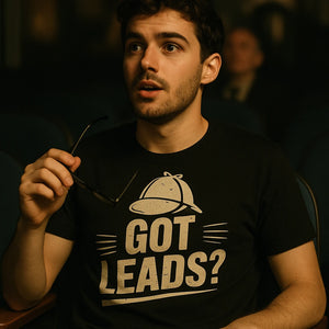 "Got Leads?" black detective shirts, photographed as detective gift