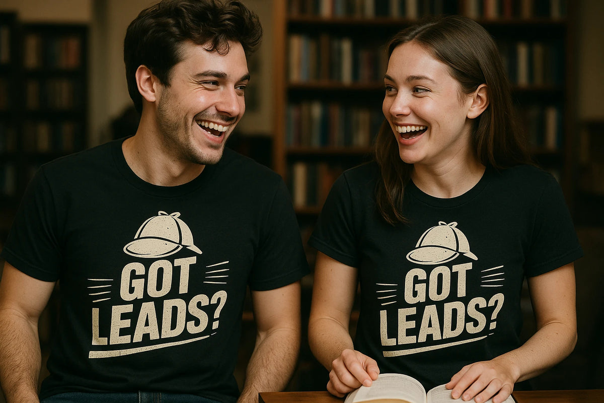Person wearing the black detective shirts graphic tee - "Got Leads?" design
