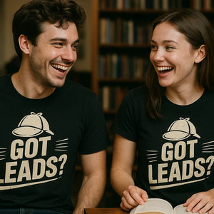Person wearing the black detective shirts graphic tee - "Got Leads?" design