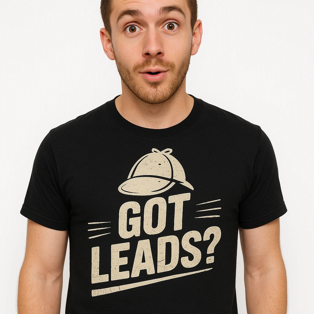 Close-up of the "Got Leads?" beige print on a premium Bella+Canvas black detective shirts