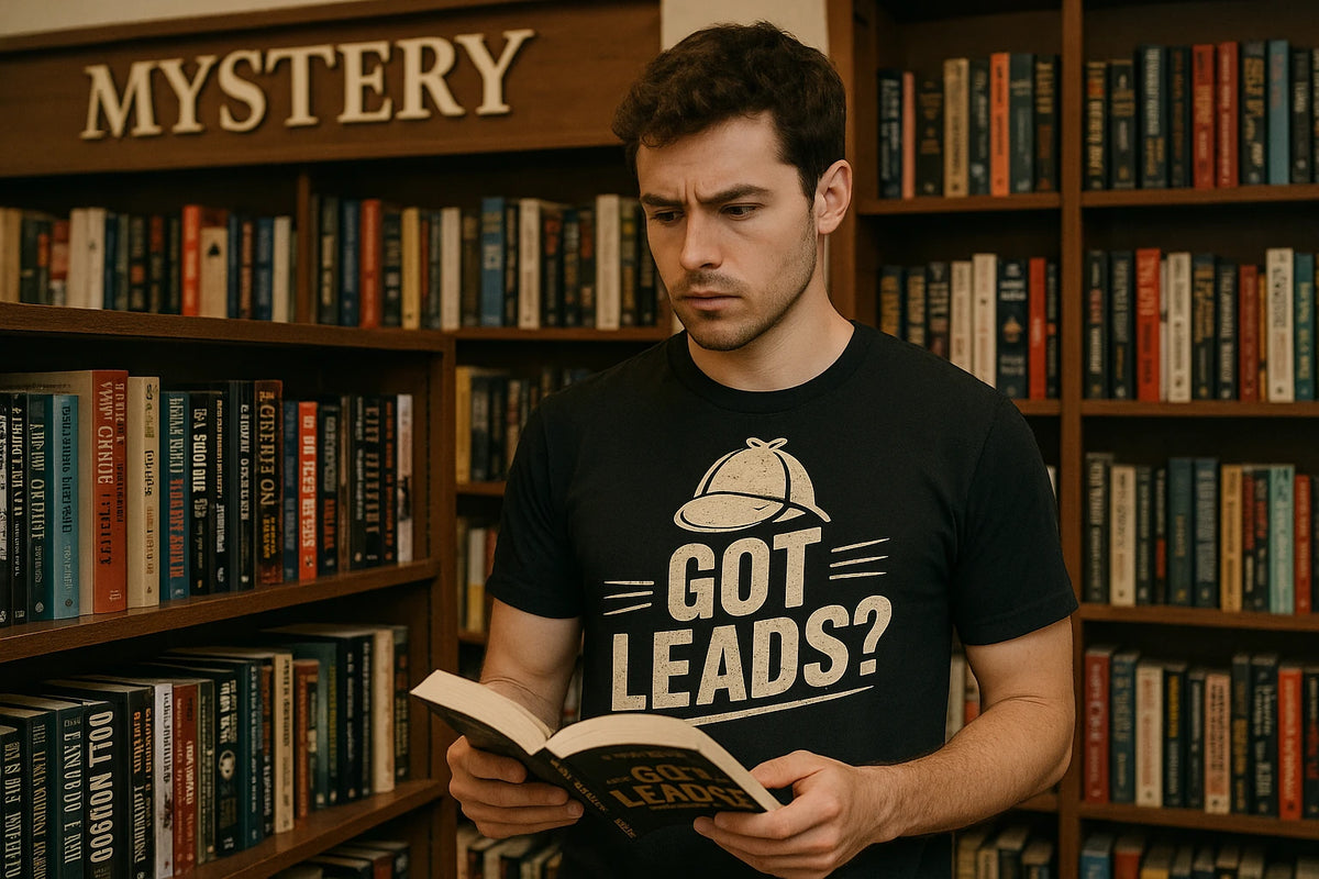 Lifestyle shot of the "Got Leads?" black detective shirts in a real-world setting
