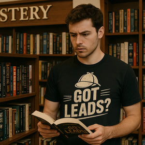 Lifestyle shot of the "Got Leads?" black detective shirts in a real-world setting