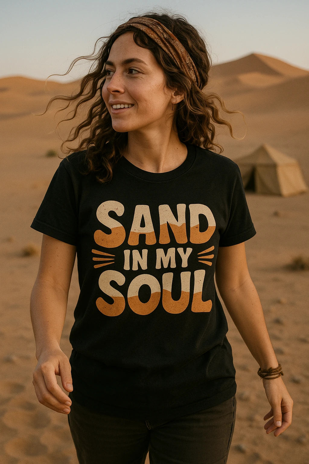 "Sand in My Soul" black desert t shirt, photographed as gifts for desert lovers