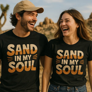 Person wearing the black desert t shirt graphic tee - "Sand in My Soul" design