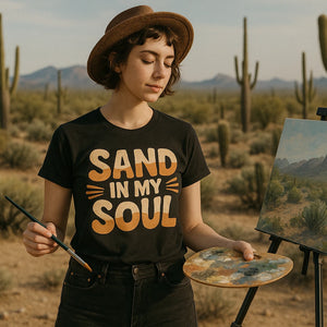 Lifestyle shot of the "Sand in My Soul" black desert t shirt in a real-world setting