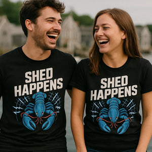 Person wearing the black lobster shirts graphic tee - "Shed Happens" design