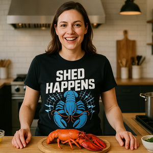 Lifestyle shot of the "Shed Happens" black lobster shirts in a real-world setting