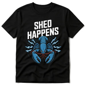 Black Lobster Shirts - "Shed Happens" graphic tee with teal print, flat lay product photo