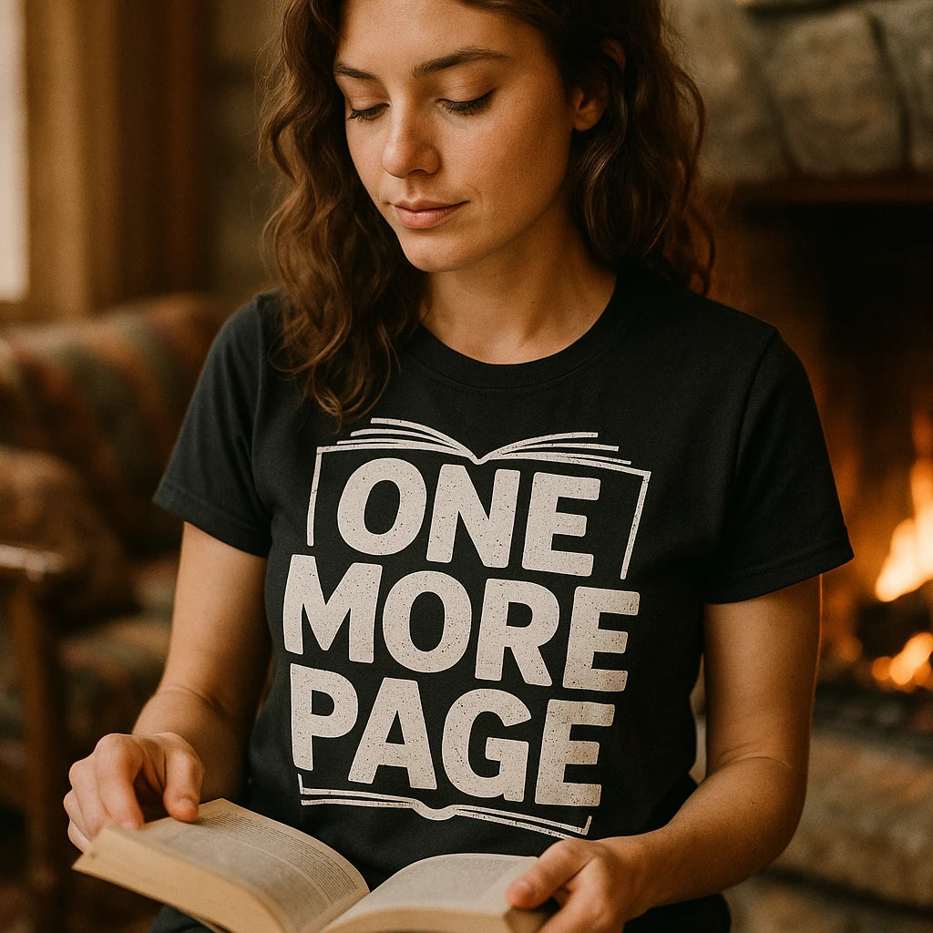 "One More Page" black reading tee shirts - also one of the gifts for people who like to read
