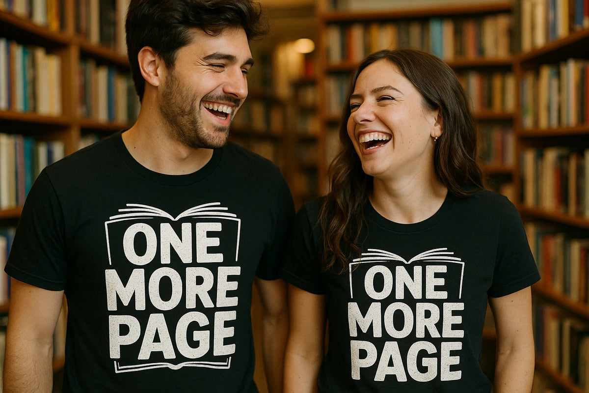 Person wearing the black reading tee shirts graphic tee - "One More Page" design