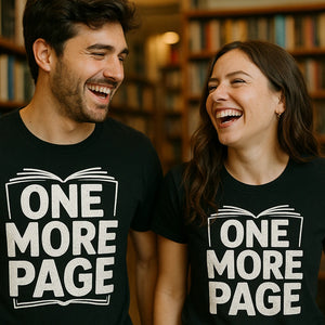 Person wearing the black reading tee shirts graphic tee - "One More Page" design