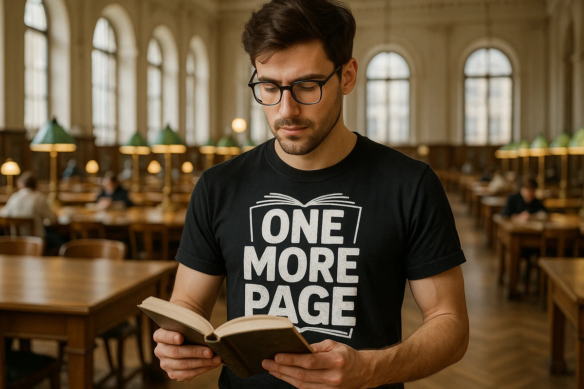 Lifestyle shot of the "One More Page" black reading tee shirts in a real-world setting