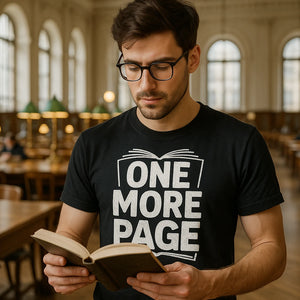 Lifestyle shot of the "One More Page" black reading tee shirts in a real-world setting