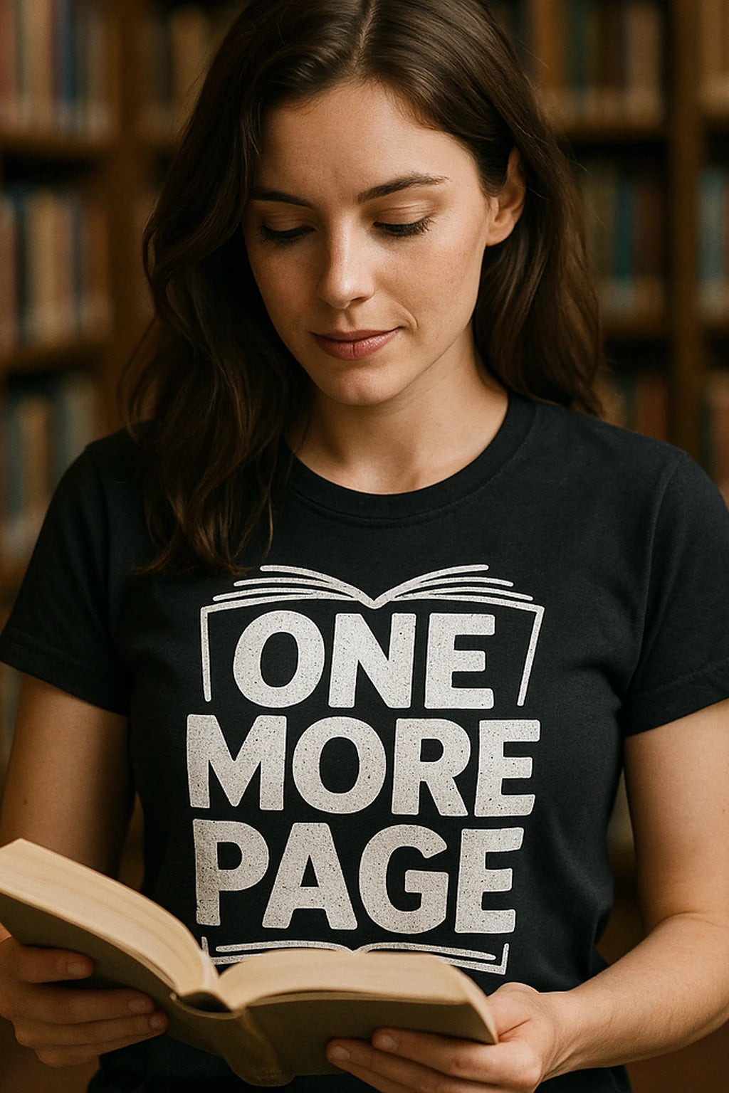 "One More Page" black reading tee shirts - also a perfect gift for a reader